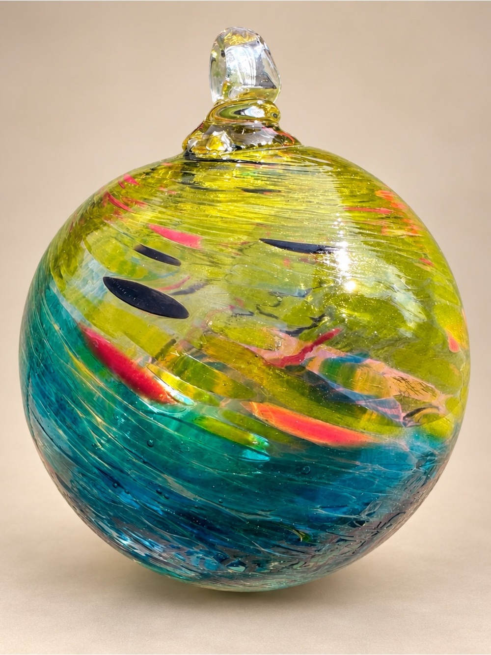 Large Art Glass Hanging Orb 5” Multicolor Blue Green Yellow Coral Swirl